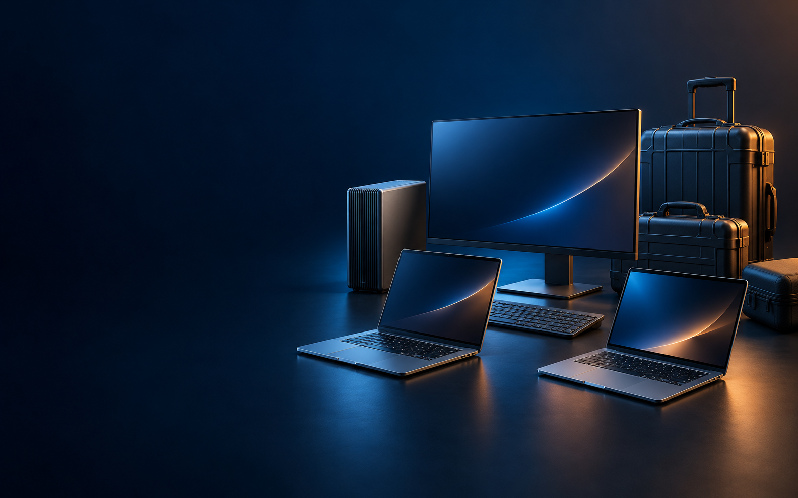 Modern laptops, workstation and equipment cases arranged in a premium studio