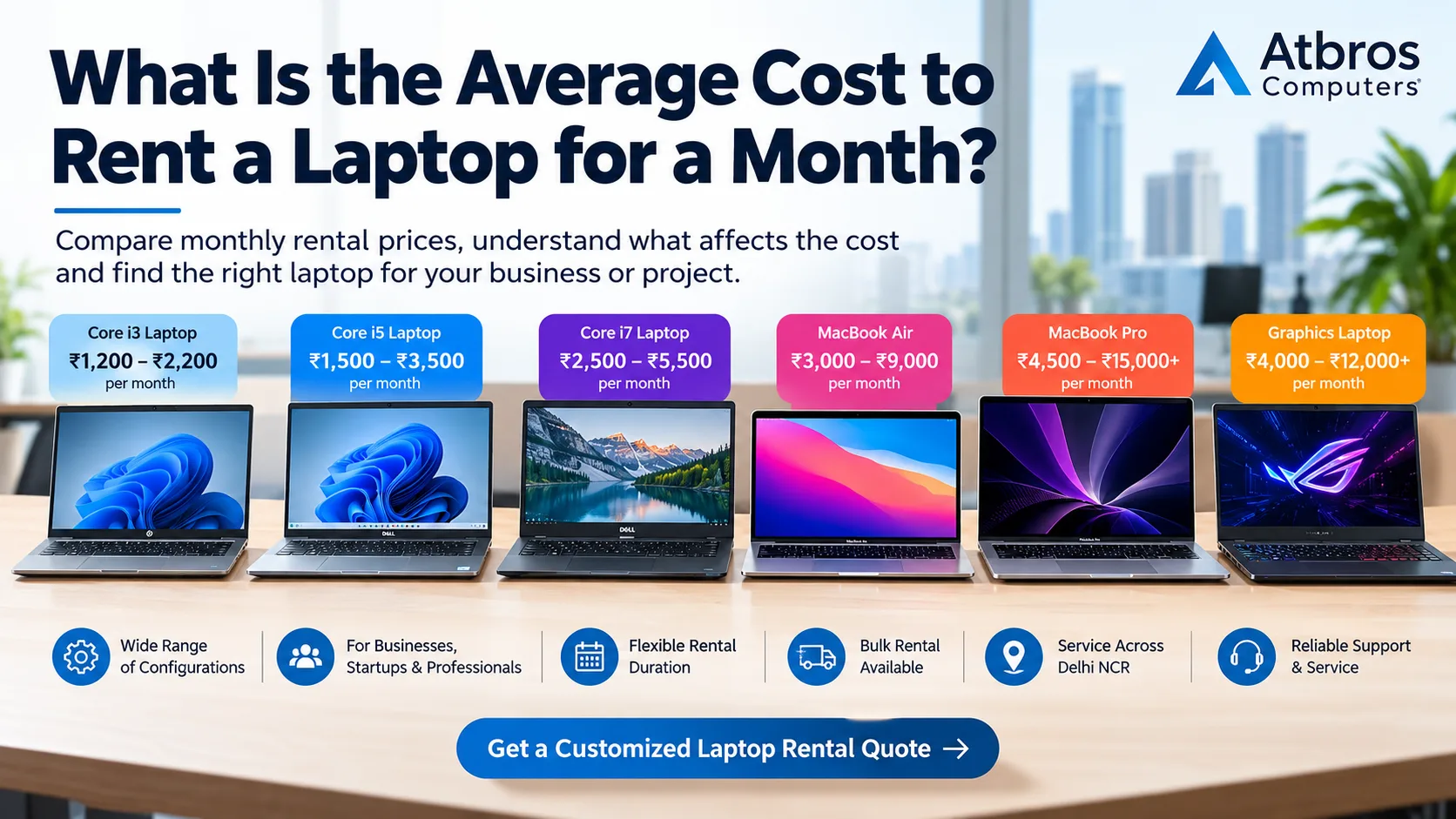 Monthly laptop rental cost comparison for Core i3, Core i5, Core i7, MacBook and graphics laptops